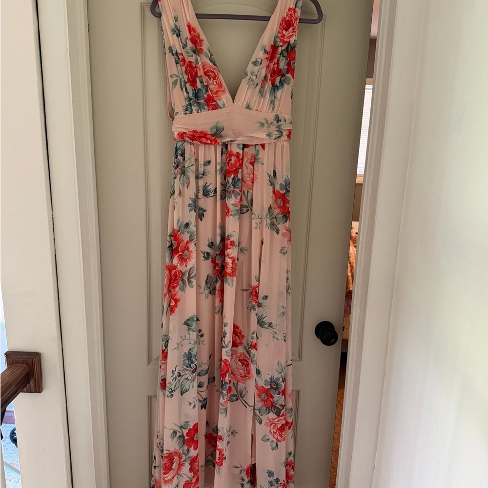 Lulu's Blush Maxi Dress with Red Floral Print